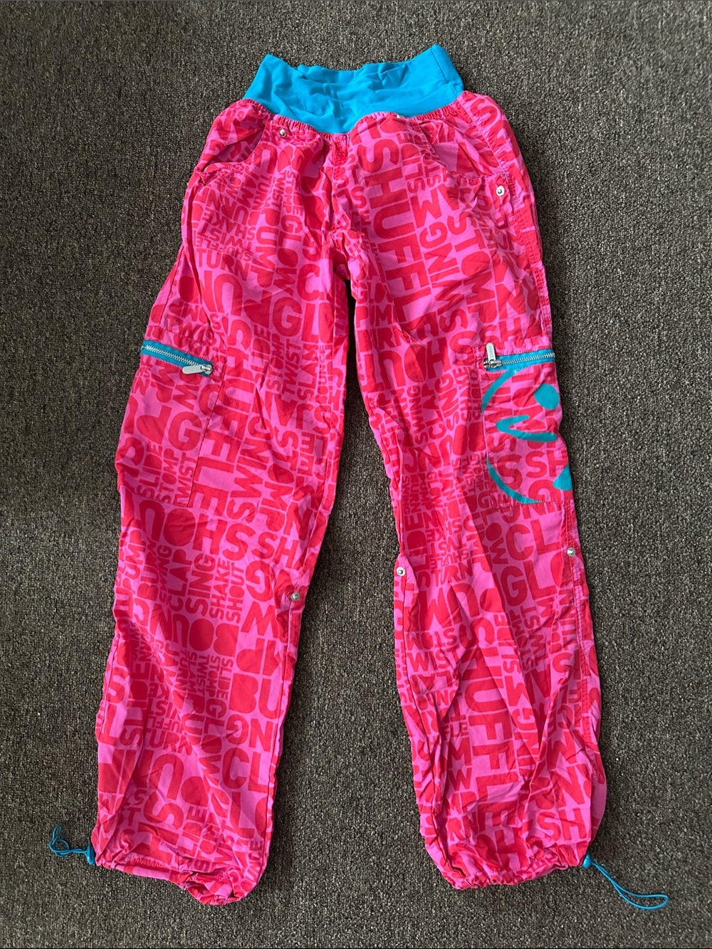 Zumba Fitness Pink Graphic Dance Pants with Teal Waistband